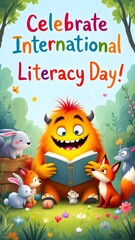 Naklejka premium Cartoon monster reading a book with animal friends in a whimsical forest setting illustration art