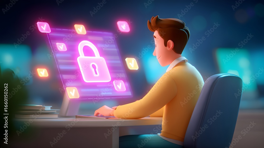 Poster a digital illustration of a person working on a computer with a padlock icon, emphasizing cybersecur