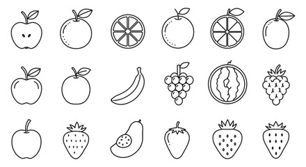 A collection of various fruit illustrations in a simple line drawing style