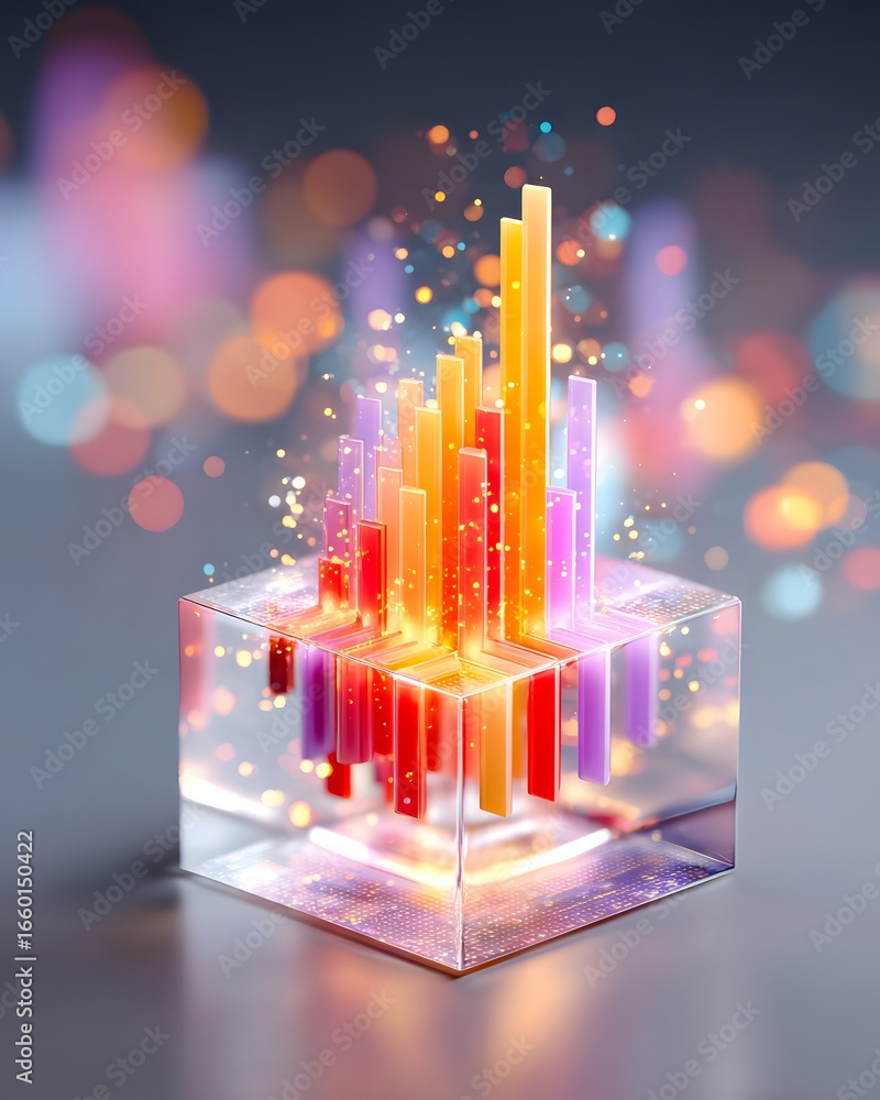 Poster a vibrant, abstract representation of data visualization, showcasing colorful bar graphs emerging fr