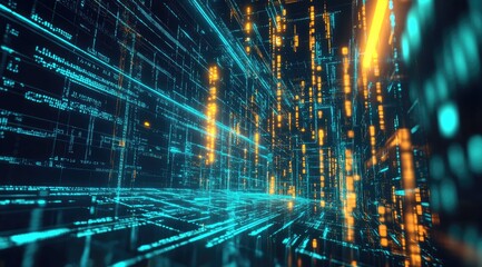 Digital tunnel of glowing code