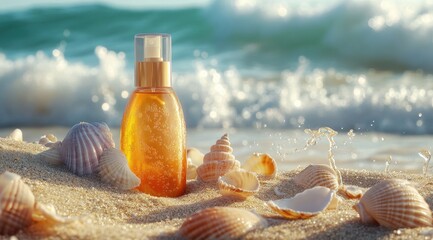 Amber bottle of sunscreen on beach sand