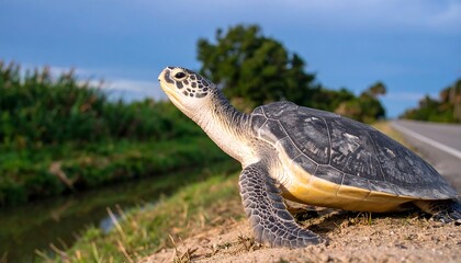 Obraz premium A sea turtle, with a captivating upward gaze, rests by a roadside ditch, amidst verdant vegetation and a clear sky.