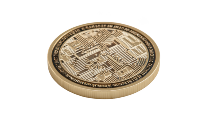 Gold coin with intricate circuit board design, digital currency concept