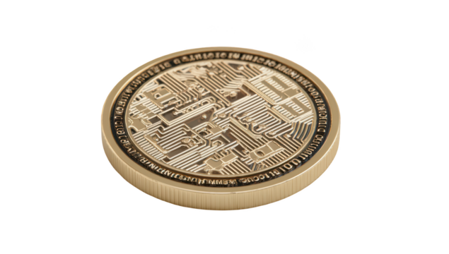 Gold coin with intricate circuit board design, digital currency concept