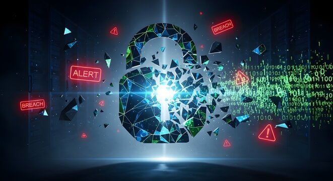 Urgent cyber security breach alert with broken padlock icon