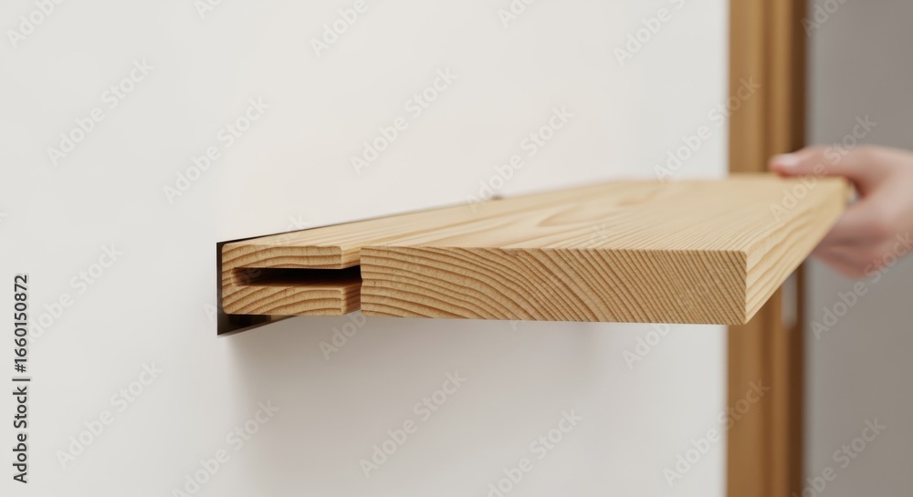 Poster side view of sliding a wooden plank onto hidden brackets for a floating shelf emphasizing the shelfs