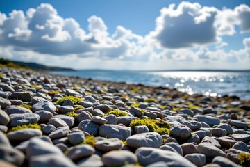 A close up view of a rocky shoreline, with numerous small, rounded rocks that are primarily gray, interspersed with patches of vibrant green moss or algae growing on some of the stones
