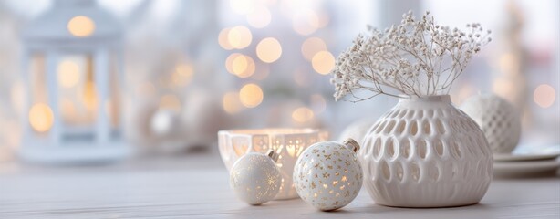 Luxurious Christmas arrangement with white and golden bauble beside vase with soft blossoms, festive display with blurred bokeh for winter celebration.