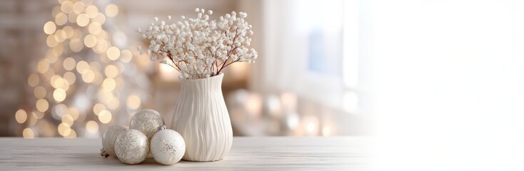 Luxury Christmas composition with soft white stems, flowers in ceramic vase, arranging gold patterned baubles creating serene holiday style with blurred window in background. Xmas card, greetings.