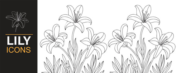 A collection of lily flower icons with graceful lines and delicate petals, ideal for floral decorations.