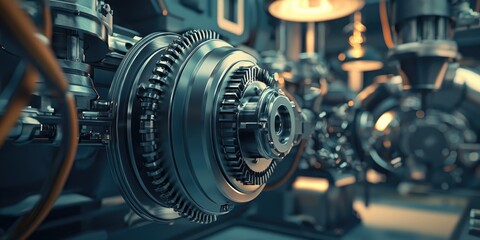 Fototapeta premium A workshop featuring engineers testing and fine-tuning advanced mechanical components. The image emphasizes innovation and detailed examination.