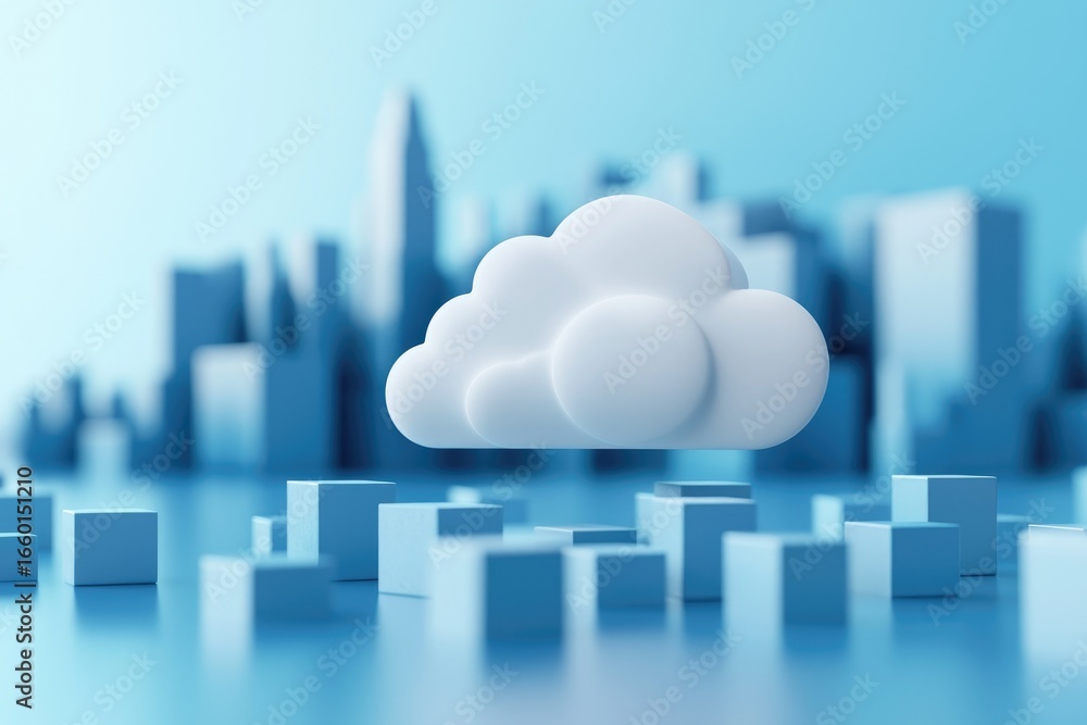 Poster 3d cloud symbol floating above abstract city skyline with digital blue cubes, representing cloud com