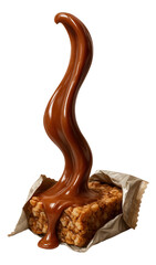 Gooey fudge pulling away from a broken granola bar wrapper.
