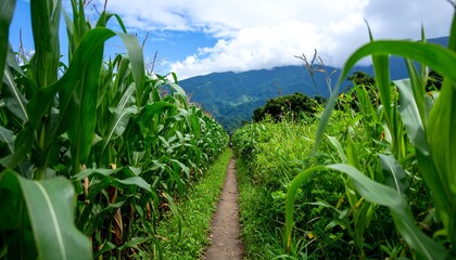 Lush cornfield path leads through vibrant greenery toward a backdrop of rolling hills.