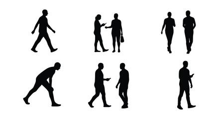 Naklejka premium Collection of various black silhouettes of people walking and interacting in different poses