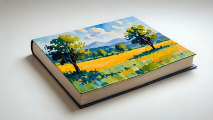 Book cover showcasing vibrant impasto landscape painting of yellow field, green trees, blue sky, and distant mountains.  Perfect for design, art, and nature themes.