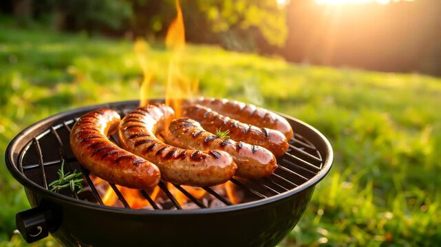 Grilled sausages on barbecue with outdoor.