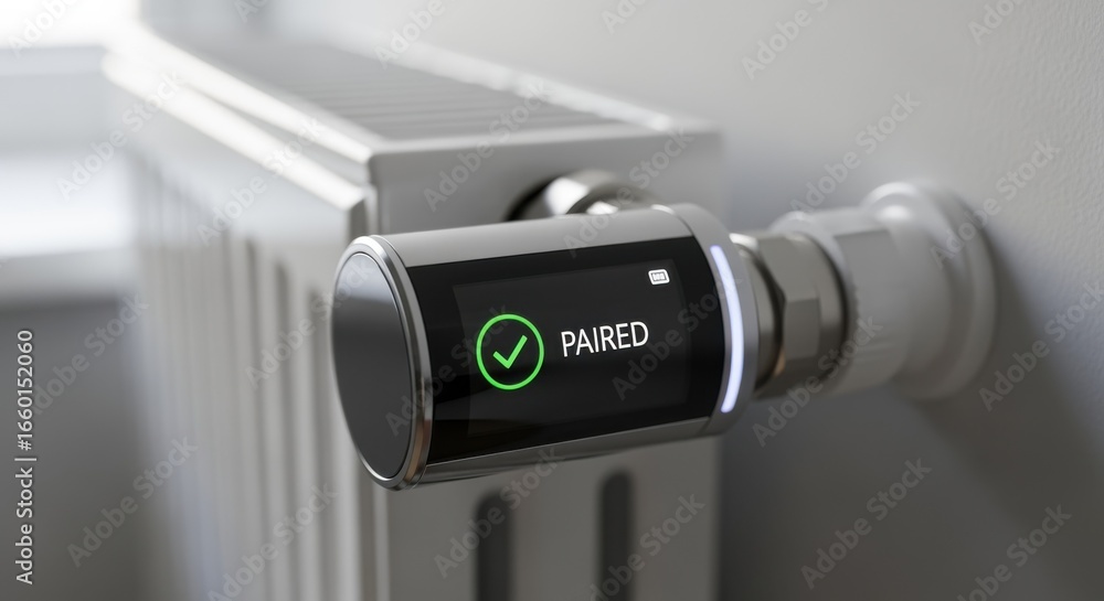 Poster smart thermostatic valve near radiator panel displaying pairing confirmation on a digital interface.