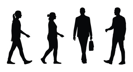 Silhouettes of people walking in different poses and directions together