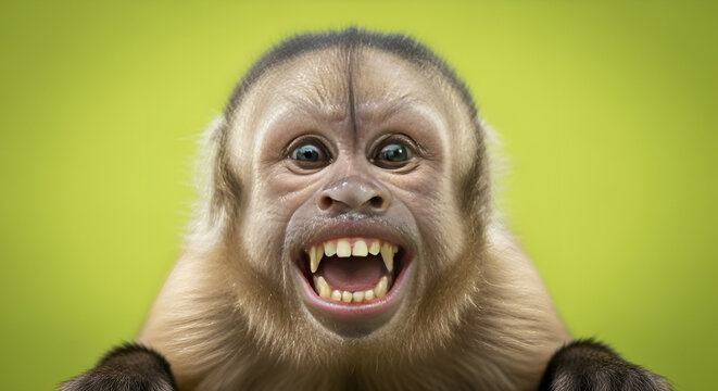 Capuchin monkey showing teeth and funny expression against green background