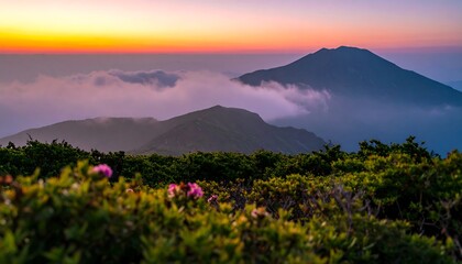 Obraz premium A breathtaking vista of a mountain range at sunrise, with colorful clouds and lush vegetation at the foreground.