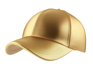 Golden baseball cap with shiny metallic finish on white background