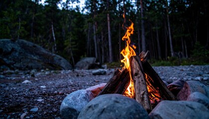 A captivating campfire blaze in a serene woodland setting at twilight.