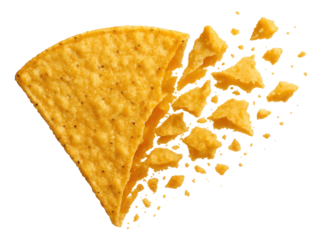 The edge of a tortilla chip fracturing into a cascade of fragments.