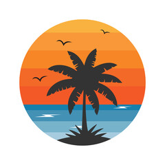 Summer Beach Logo Pack with Palm Trees and Sunset – Tropical Holiday Vector Illustration
