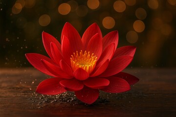 Beautiful Red Lotus on Table with Bokeh Background