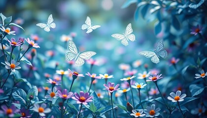 Delicate paper cut butterflies dance above vibrant blue-toned flowers and leaves; dreamy garden scene,  bloom,  background