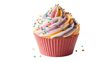 Colorful cupcake with swirled frosting & sprinkles. Pink liner. Delicious & sweet treat