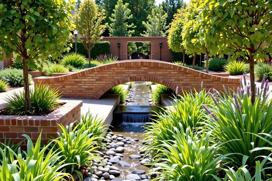 A serene outdoor scene dominated by a modern, gracefully arched brick bridge crossing over a narrow, gently flowing stream, The bridge, posed of warm toned bricks, serves as the central focal point