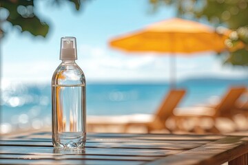 Obraz premium Clear spray bottle on beach table (14)