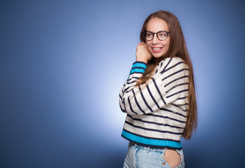 Portrait of amused girl looking to side. Happy young woman amusing with smile face expression,...