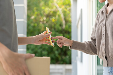 Modern woman sign on electronic receive for goods. Delivery man send deliver express. online shop,...