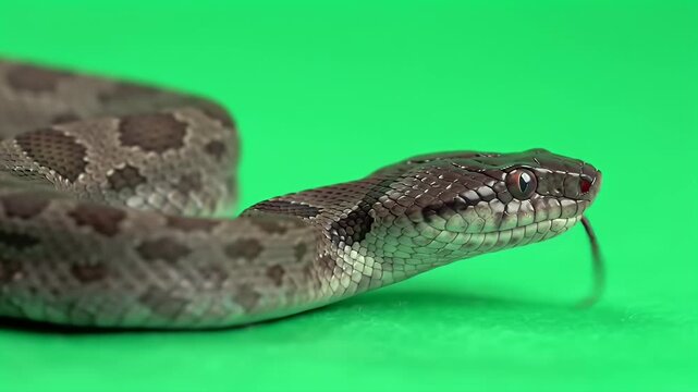 Brown Patterned Snake Flicking Tongue on Green Screen Background