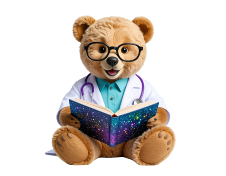 Curious 3D Bear Cub Scientist Reading Sparkle Notebook PNG