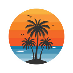 Summer Beach Logo Pack with Palm Trees and Sunset – Tropical Holiday Vector Illustration
