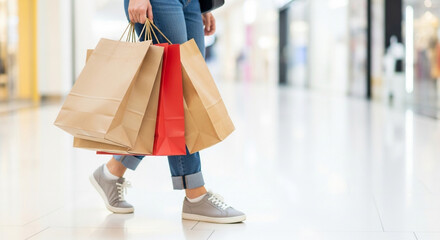 A shopper carries a large haul of paper shopping bags through a bright modern mall a perfect depiction of a successful and satisfying retail therapy experience