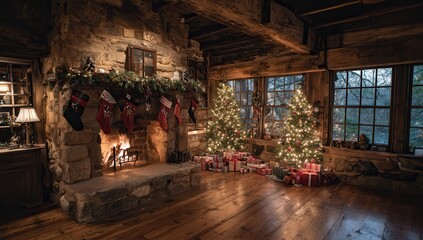Naklejka premium Cozy christmas cabin with glowing fireplace and decorated trees