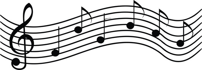 A flowing musical staff with a treble clef and black musical notes creating a dynamic and elegant visual representation of melody and rhythm