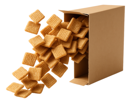 Cereal squares spilling from a cardboard box, scattered in random order.