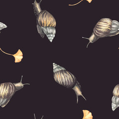 Snail with ginkgo leaf seamless pattern. Watercolor Slug repeating design hand painted botanical animals illustration. Cochlea with yellow gingko leaves. Clipart on Isolated dark background for fabric