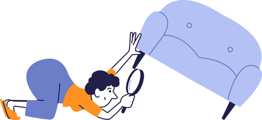 Woman searching under sofa with magnifying glass.The concept of lost things search, curiosity, mindfulness and exploration.