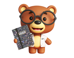 Adorable 3D Cartoon Bear Cub Scientist Holding Sparkle Notebook, Front View PNG