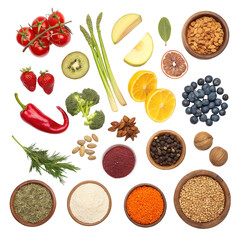 Assorted food ingredients illustration isolated on white background in fresh kitchen design
