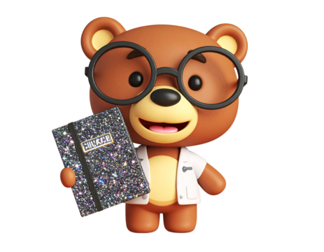 Adorable 3D Cartoon Bear Cub Scientist Holding Sparkle Notebook, Front View PNG