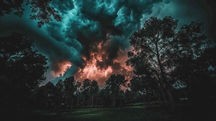 Fototapeta premium Dramatic skyscape featuring intense storm clouds over a dark forest landscape